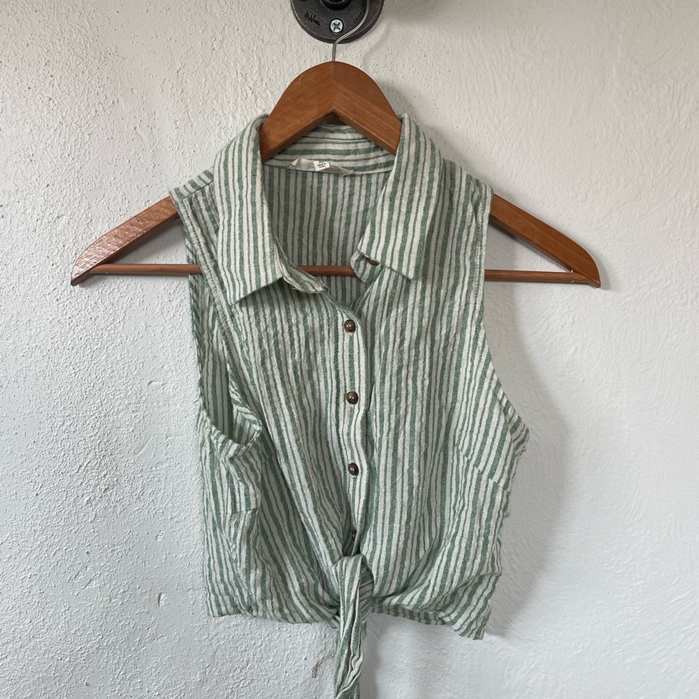Green Striped Sleeveless Button-Up Top